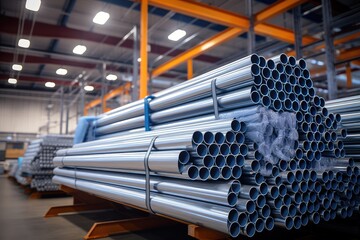 High quality steel pipe or aluminum in stack waiting for shipment in warehouse, Steel industry.