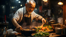 Asian Male Chef Cooking Food In A Small Restaurant In Downtown Area.