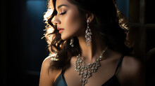 Portrait Of A Young Beautiful Woman Wearing Elegant Silver Jewelry - Earrings And Necklace. Luxury Jewelry Set On Model. 