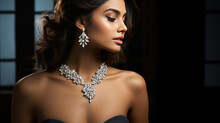 Portrait Of A Young Beautiful Woman Wearing Elegant Silver Jewelry - Earrings And Necklace. Luxury Jewelry Set On Model. 