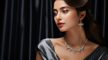 Portrait of a young beautiful woman wearing elegant silver jewelry - earrings and necklace. Luxury jewelry set on model. 