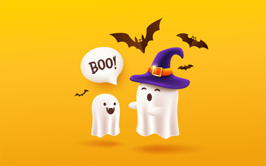 Halloween Ghost wearing a purple hat and child ghost with bat flying design yellow background, Eps 10 vector illustration
