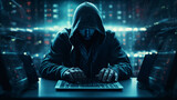 Fototapeta Konie - cybersecurity vulnerability and hacker, coding, malware concept. Hooded computer hacker in cybersecurity vulnerability on server room background.
