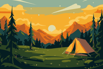 Wall Mural - camping and hiking in the mountains. vector illustration in flat style