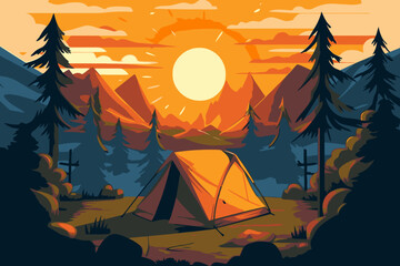 Wall Mural - camping and hiking in the mountains. vector illustration in flat style