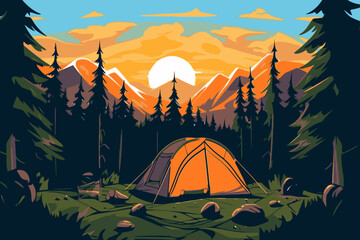 Wall Mural - camping and hiking in the mountains. vector illustration in flat style