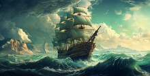 Pirate Ship In The Sea, Pirate Ship In The Ocean, Pirate Ship Sailing. Generative Ai Content
