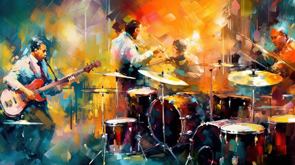 Wall Mural - Oil Pianting Abstract Art of Musicians in a Bar Drums Bass Dancers Background