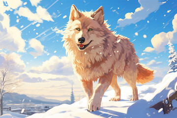 Wall Mural - anime style scenic background, a wolf in the snow