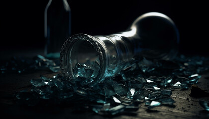 Poster - Transparent crystal bottle with blue alcohol, wet from broken drop generated by AI