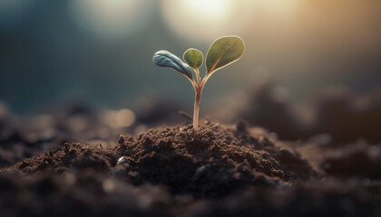 Poster - New life begins with organic growth, small seedlings in dirt generated by AI