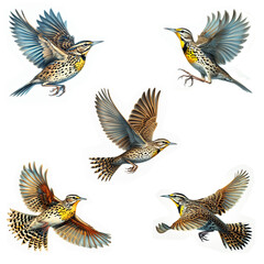 A set of Eastern Meadowlarks flying isolated on a white background