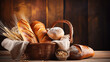 Fantastic Variety of Bread in Wicker Basket on Old Wooden Backgr