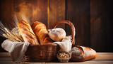 Fototapeta  - Fantastic Variety of Bread in Wicker Basket on Old Wooden Backgr