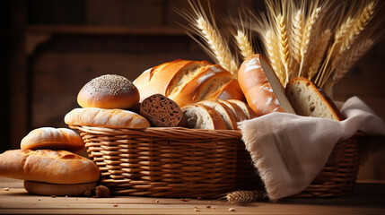 Amazing Variety of Bread in Wicker Basket on Old Wooden Backgrou