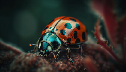 Poster - Spotted ladybug crawls on green leaf, magnified in close up generated by AI