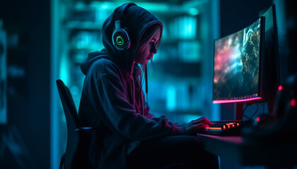 One programmer working indoors at night, wearing headphones and typing generated by AI