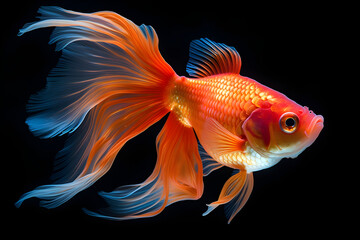 fantail goldfish. Colourful fish with beautiful silk tail isolated on black. Amazing fish