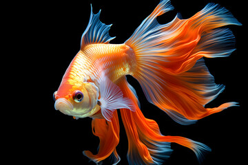 fantail goldfish. Colourful fish with beautiful silk tail isolated on black. Amazing fish