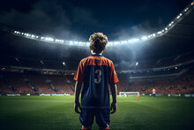 Epic Night At Stadium With Young Child Soccer Player Standing Ready On Field, Back To Camera