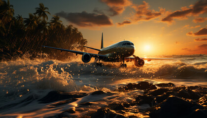 Wall Mural - Flying airplane over sunset, transporting passengers on vacation or business travel generated by AI