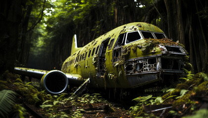 Poster - Old forest, abandoned military car, rusty crash, damaged armed forces generated by AI