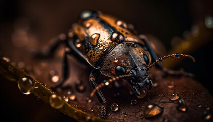 Poster - Metallic weevil crawls on wet leaf, a close up marvel generated by AI