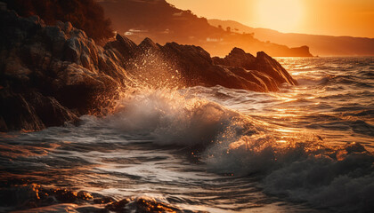 Canvas Print - Sunset over the rocky coastline, waves splashing in the surf generated by AI