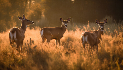 Poster - Tranquil wilderness area at dusk, with grazing deer and cute fawn generated by AI