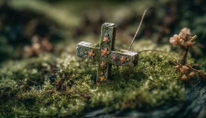 Sticker - Close up of cross shaped leaf symbolizes spirituality in nature generated by AI