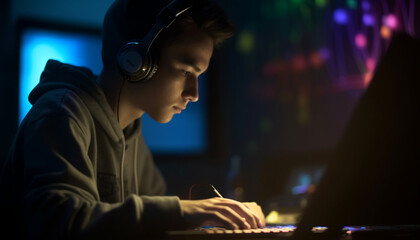 Wall Mural - One young man enjoying music with headphones in recording studio generated by AI