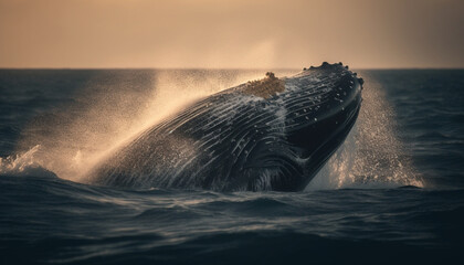 Wall Mural - A humpback whale breaches, spraying water in the sunset generated by AI