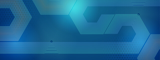 Blue and green abstract banner with geometric glowing stripe line art design. Modern shiny lines. Futuristic technology concept