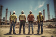 © Mirador - Four construction workers from behind with hardhats standing in front of a construction site.