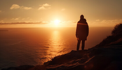 Sticker - One person standing, back lit, admiring serene sunset view generated by AI