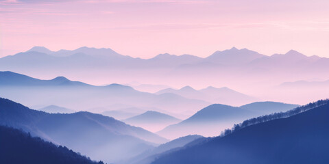 Wall Mural - The mountains are shrouded in mist, and the last traces of daylight lend a tranquil, mystical quality to the scene. A twilight shot of autumn mountains under a fading pink and purple sky.