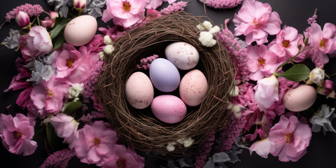  Colorful Easter eggs in a nest with pink flowers. View from above