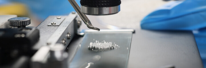 Wall Mural - Scientist examines crystals under microscope in laboratory