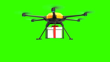 Wall Mural - Drone delivers gifts, Autonomous delivery robot, Business air transportation concept on green background