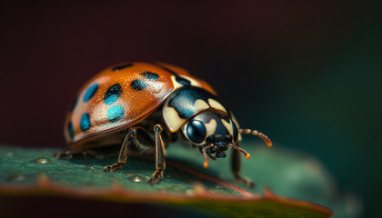 Poster - Spotted ladybug crawls on green leaf, beauty in nature generated by AI