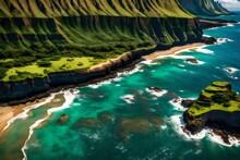 Aerial View Of A Coastal Travel Destination In Hawaii, A Rugged Coastline With Green Cliffs And Tranquil Waters In Kauai