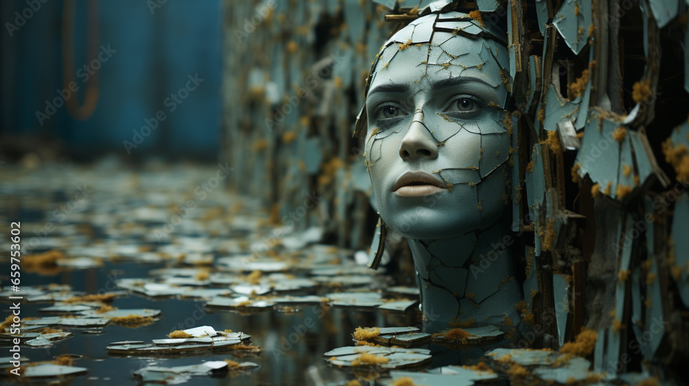 A fractured face with shattered mirror, revealing a puzzle of sharp ...