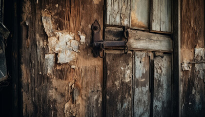 Canvas Print - Rusty padlock on old weathered door in rural barn entrance generated by AI