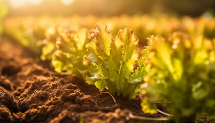 Poster - Rows of fresh, organic vegetables grow in the meadow sunset generated by AI