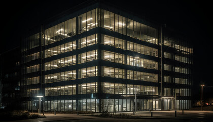 Canvas Print - A futuristic cityscape illuminated by bright office lighting equipment at dusk generated by AI