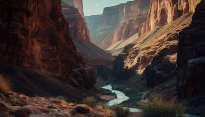 Poster - Majestic mountain range boasts eroded rock formations and tranquil riverbed generated by AI