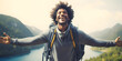 Happy black man with arms outstretched standing outside - Delightful traveler with backpack enjoying summer trip - Successful people, well being and traveling lifestyle concept