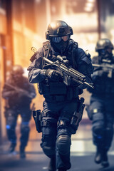 Wall Mural - SWAT, rapid response squad, in action. Photorealistic illustration