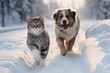Happy cat and dog running in snow at winter ,Generative AI.