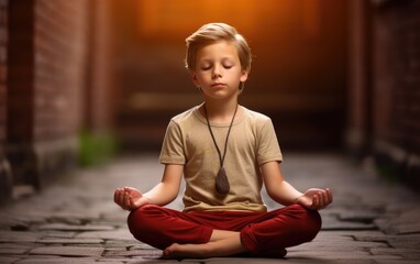 Wall Mural - Boy meditating on the floor, behind it is a brick wall